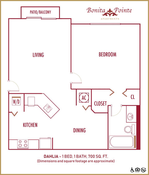 Floor plan for 1 bed, 1 bath, 700 sqft